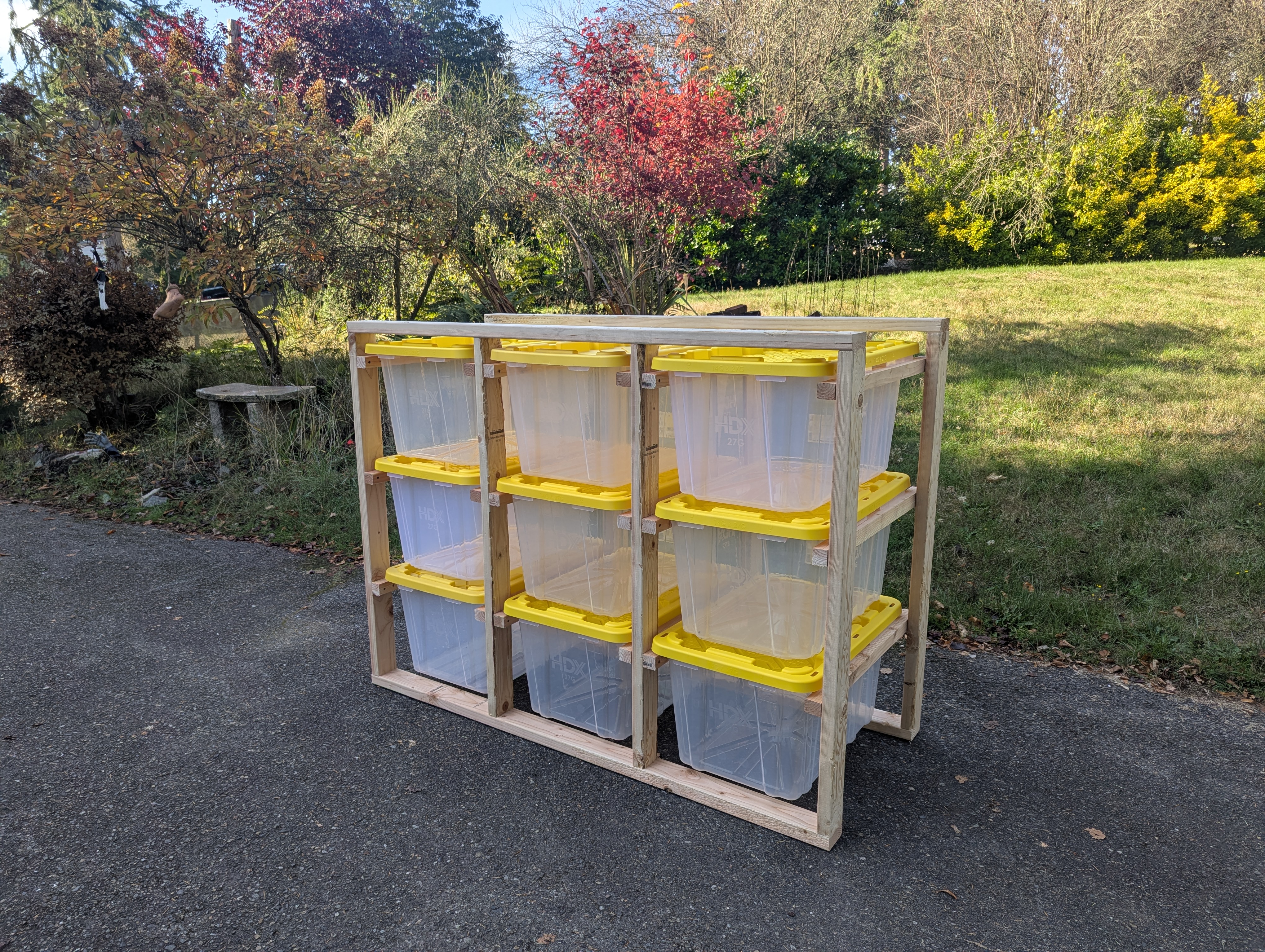 Compact 3x3 tote rack holding 9 storage totes